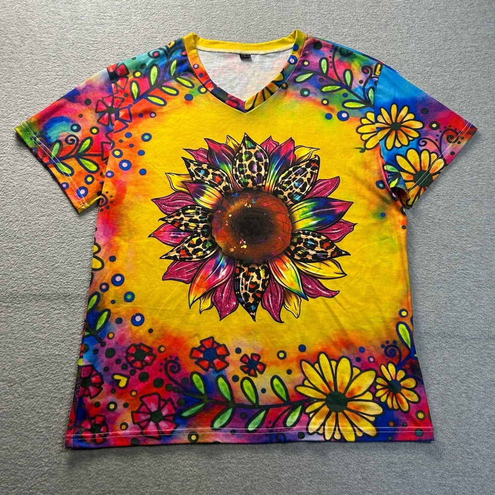 Graphic‎ T Shirt Womens XL Colorful Sunflower Floral Yellow Multicolor Top